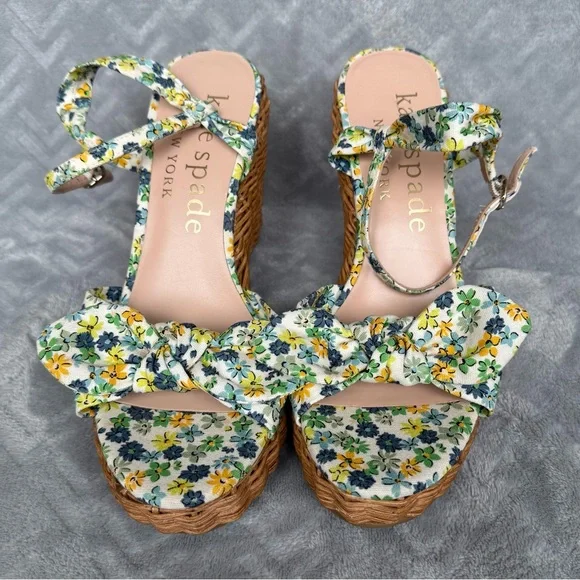 Kate Spade New York Patio Platform Wedge Sandal Blue Floral Women’s Size 8.5 - Picture 4 of 10